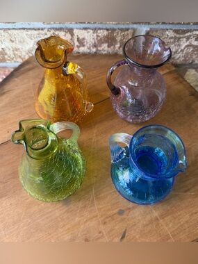 Crackle Glass Pitcher Bundle of 4.5” Tall Purple Blue Amber Green Excellent!